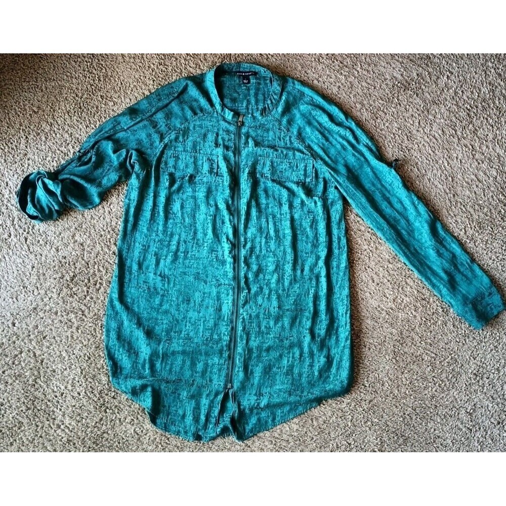 Rock & Republic Womens Long Sleeve Shirt Blouse Large Emerald Green 80s Retro